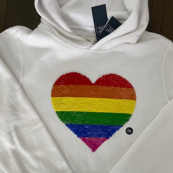 NWT A&F White Pride Flip Sequin Heart Hoodie Sweatshirt, XXS - Picture 4 of 7